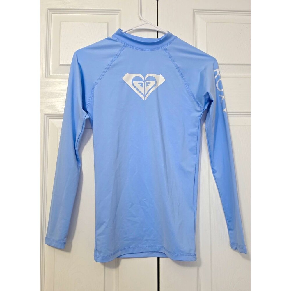 Roxy Girls Blue Solid Long Sleeve Rash Guard Swim Top XL Logo